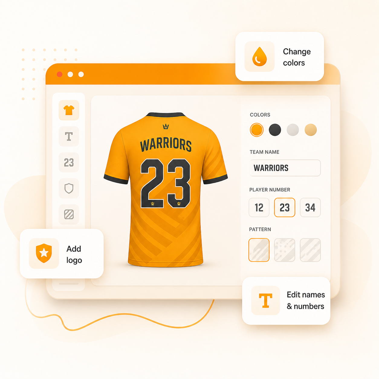 3D jersey customizer showing color selection, text editing, and multi-board design workflow