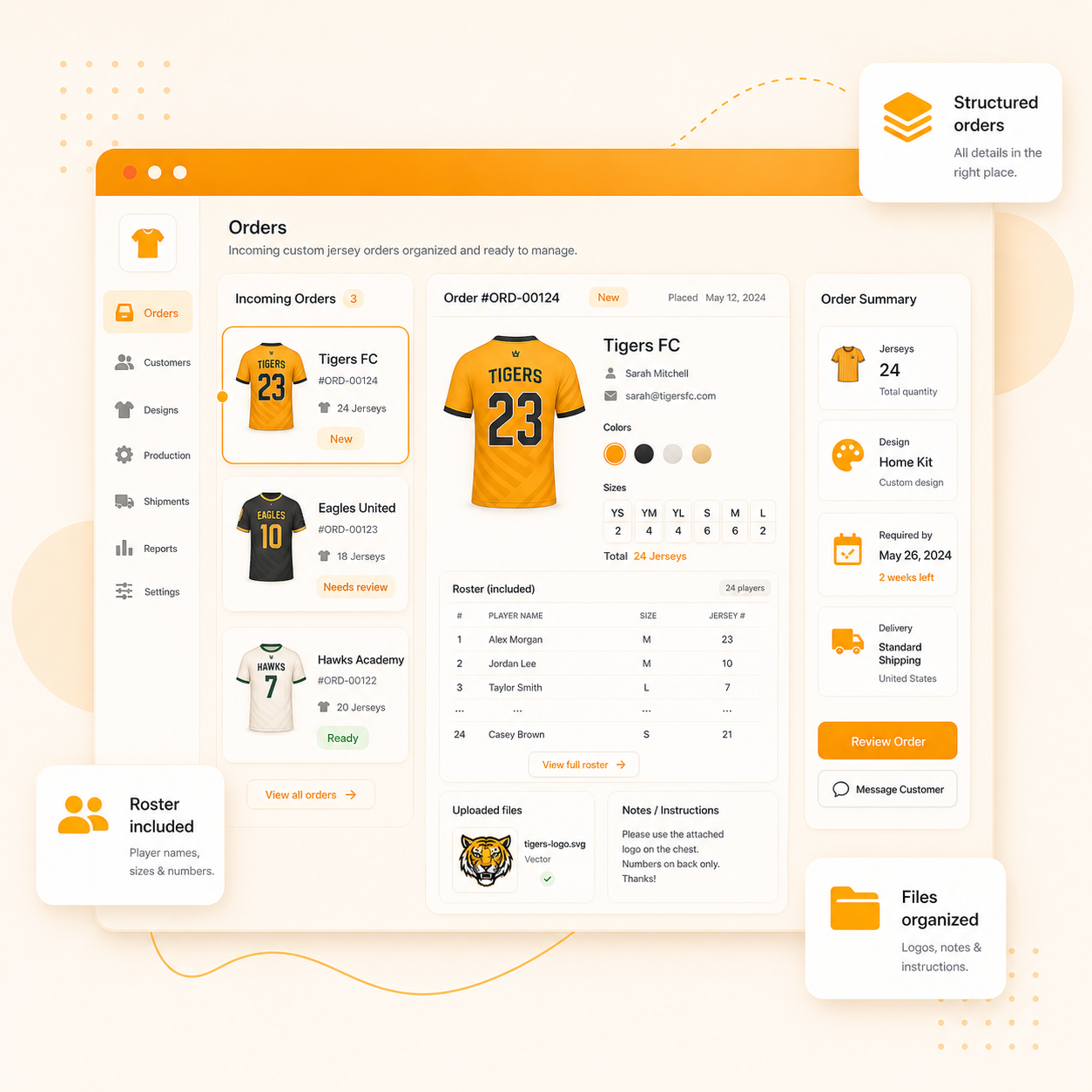 Fabbrikka order session workspace showing organized item tabs, product attachments, and collaborative review tools
